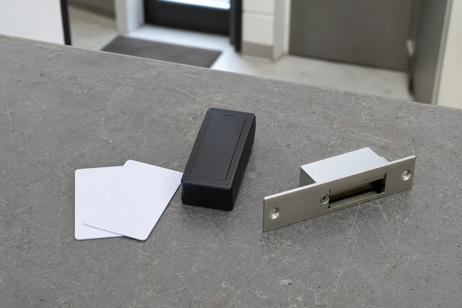 Detached card reader, two plain cards and an electric-strike component on a service bench. — Access Control Installation, Waterloo