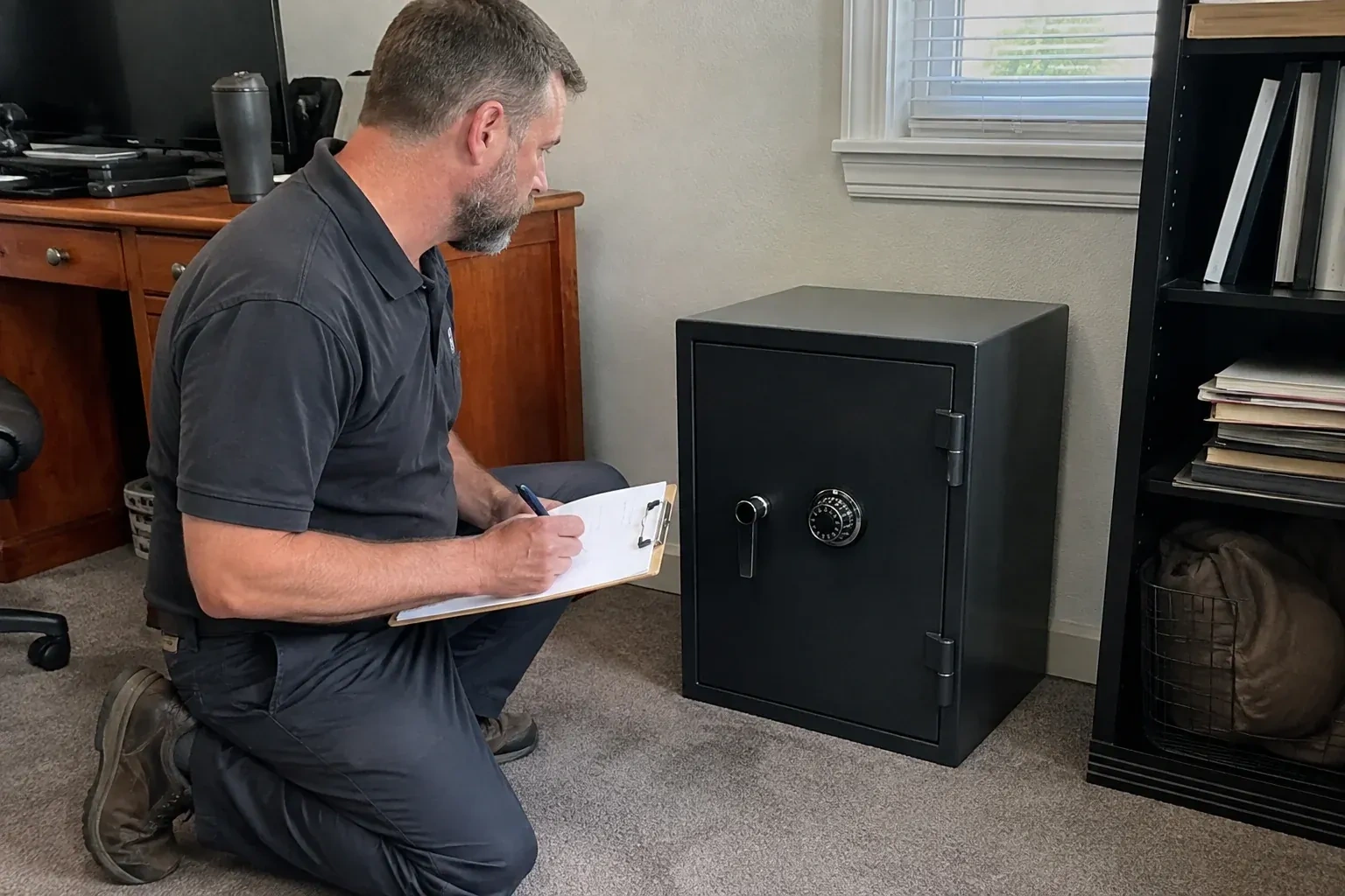 Person writing on a clipboard while kneeling beside a closed black safe with a numbered combination dial in a home office. — Safe Opening & Combination Change, Waterloo