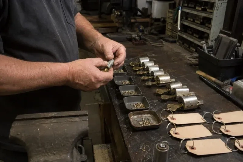 Person handling a lock cylinder at a workbench lined with cylinders, keys, small pin trays and blank key tags. — Commercial Rekeying, Waterloo