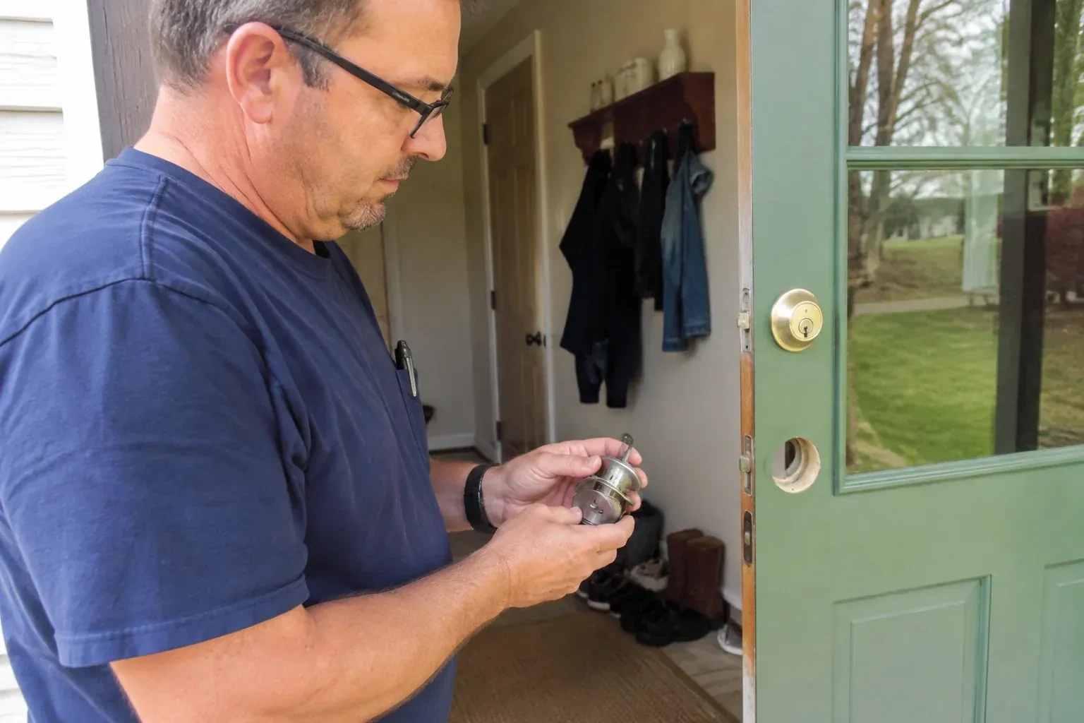 Person holding a cylindrical door-lock assembly beside an open green glazed door with its lower lock opening exposed. — Seized & Jammed Lock Opening, Waterloo