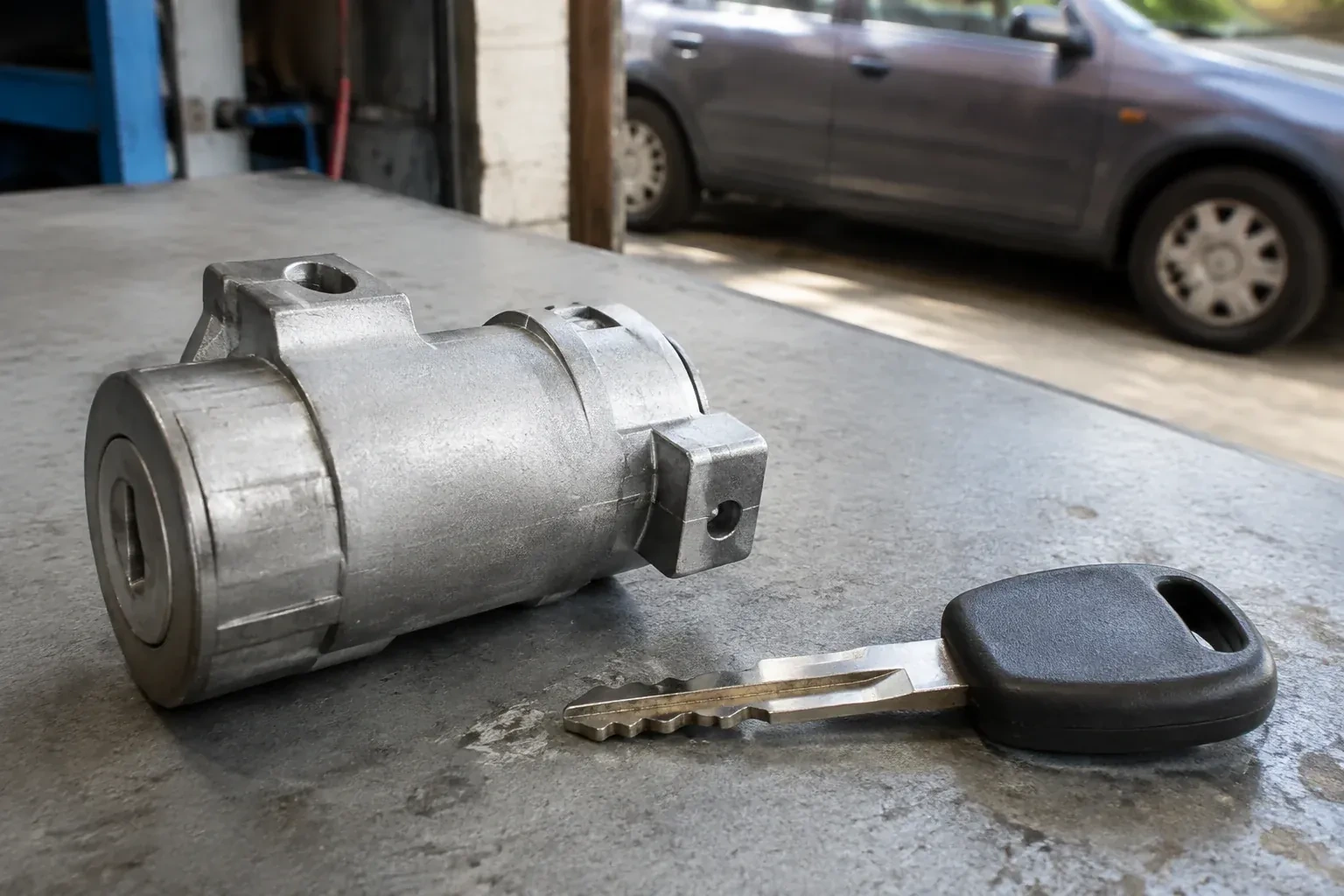 Detached cylindrical lock housing and black-headed key on an automotive workbench. — Ignition Lock Repair, Waterloo