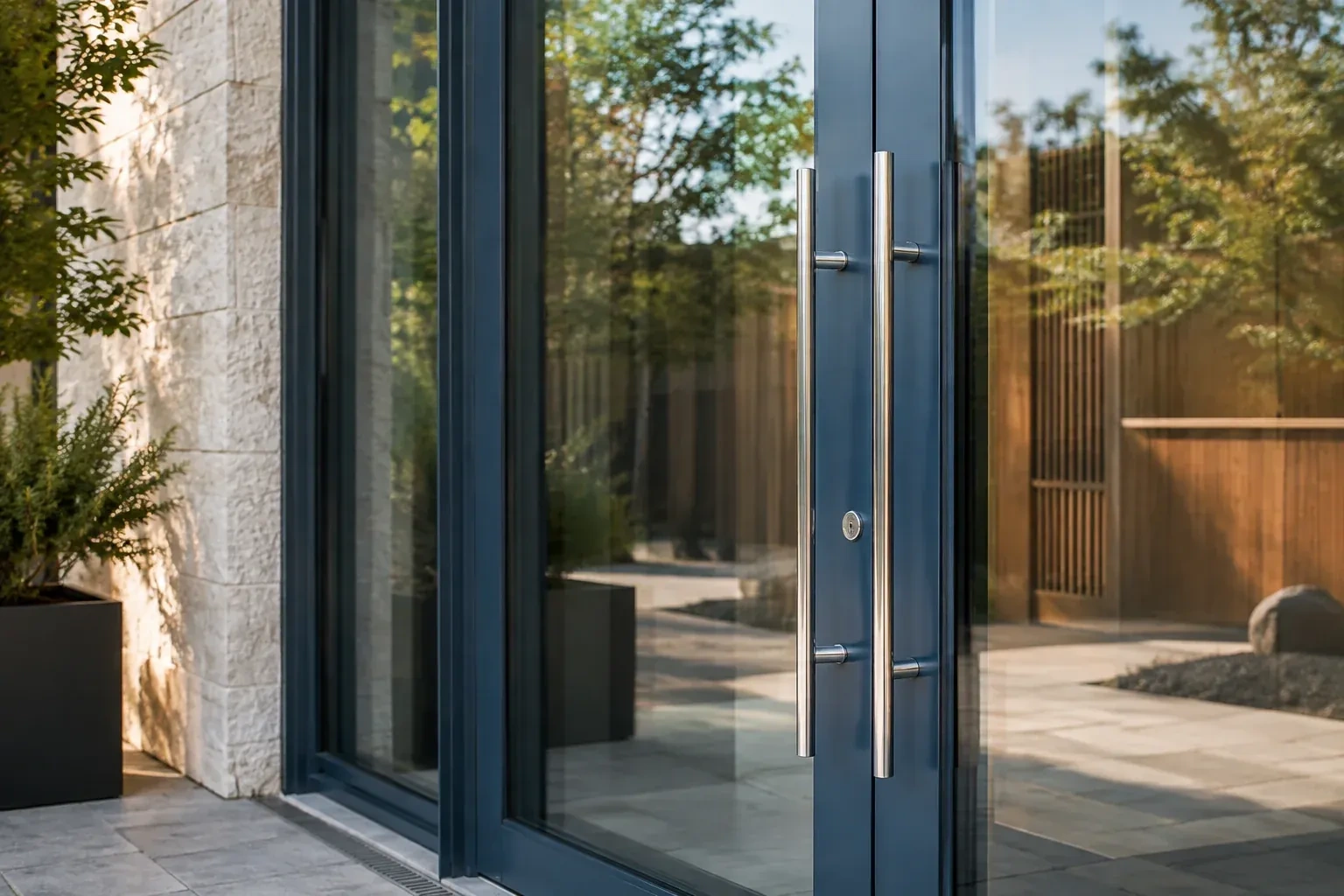 Dark-framed glass entrance doors with long silver-colored vertical pull handles and a round keyhole. — Business Lockout Service, Waterloo