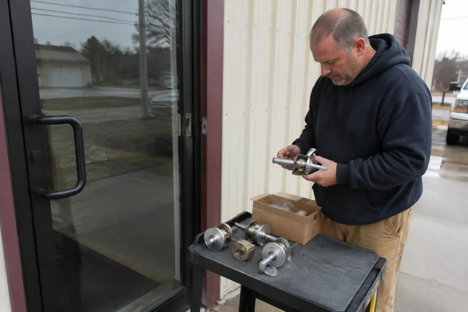 Person holding a door-handle assembly beside a glazed entrance, with more handle and lock components on a cart. — Commercial-Grade Lock Replacement, Waterloo