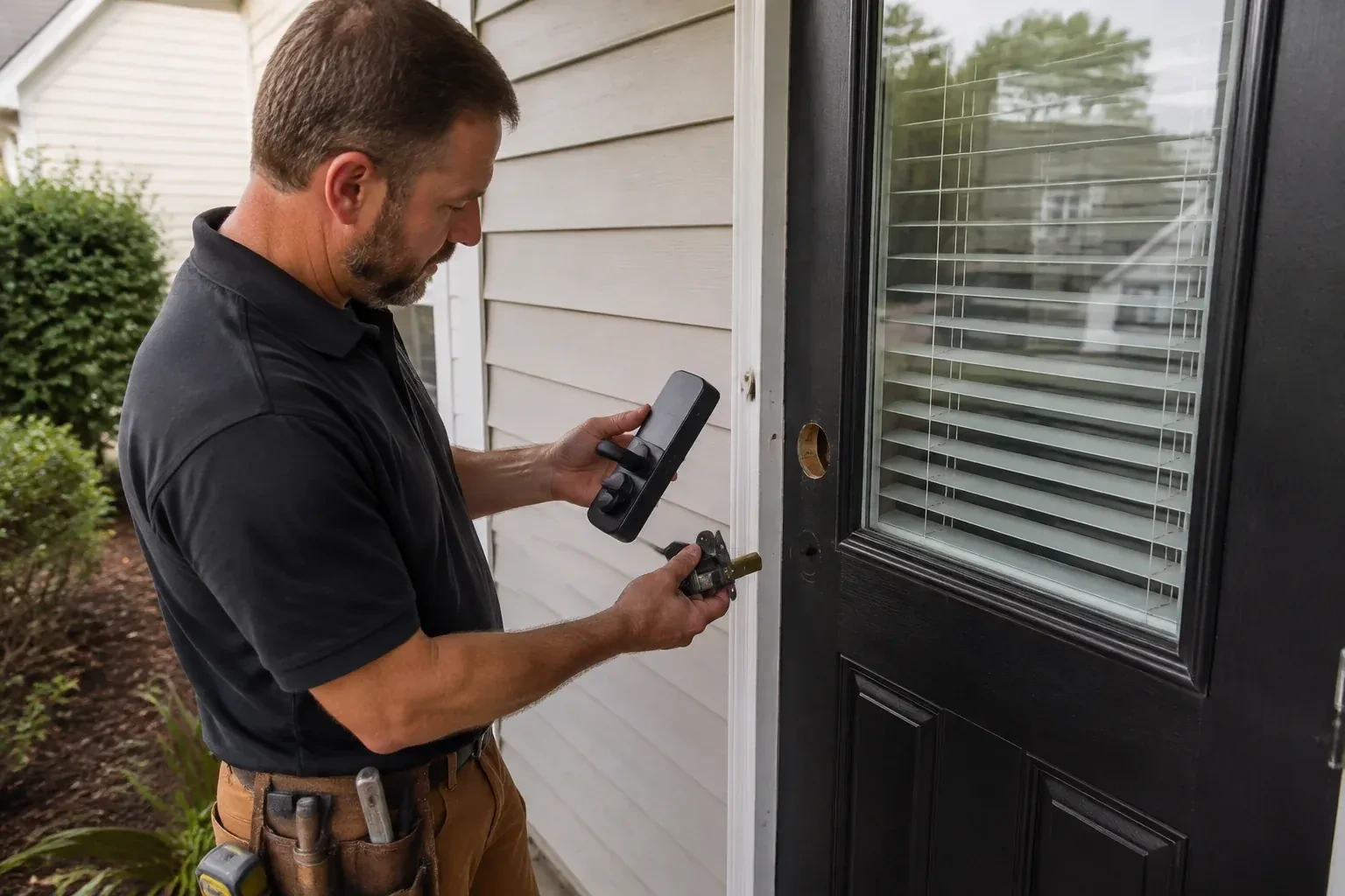 Person holding a black door-handle assembly and a latch beside a glazed door with exposed lock openings. — Smart Lock Installation, Waterloo