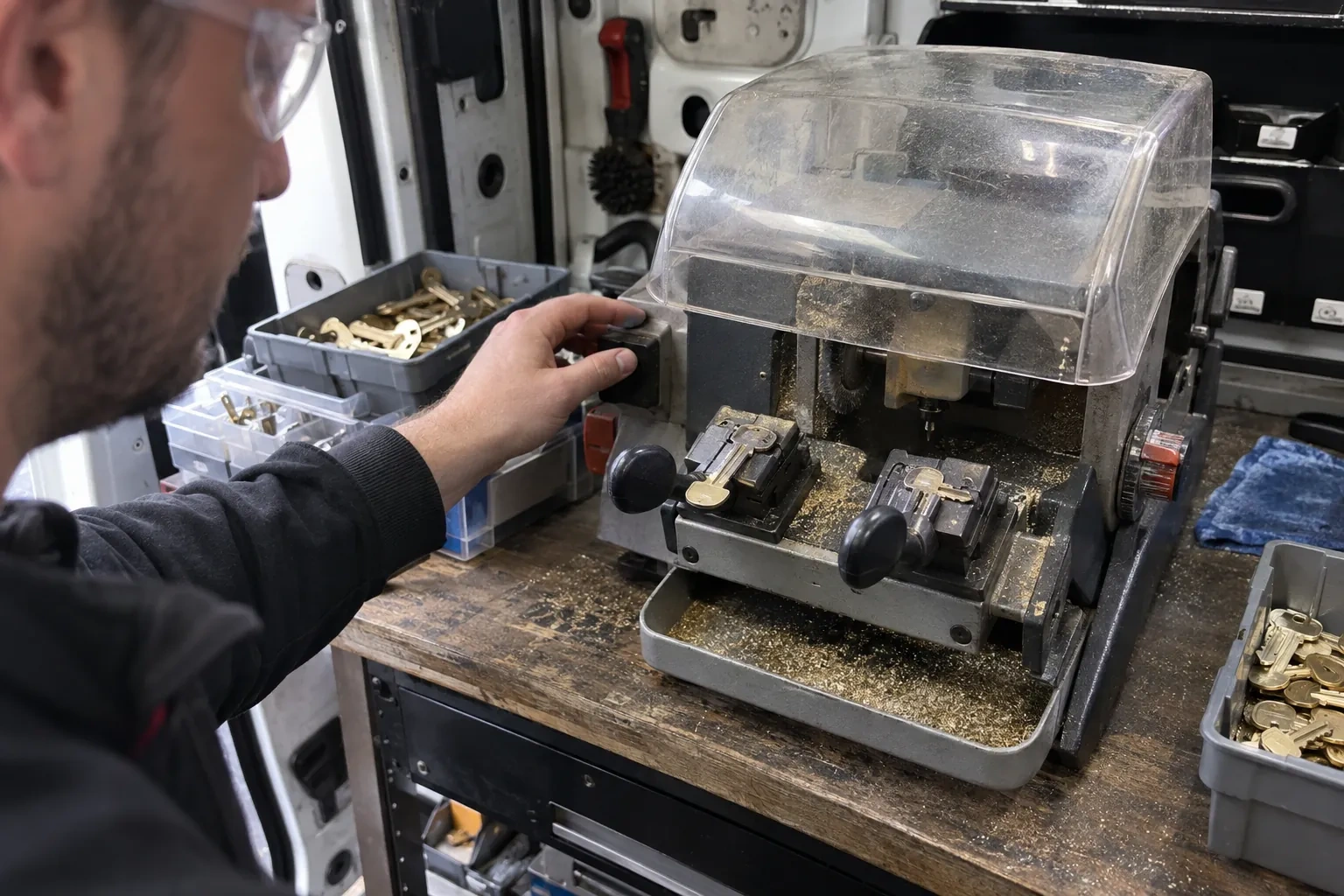 Person in safety glasses reaching for a key-cutting machine with a clear cover, beside trays of brass key blanks. — Spare Car Key Duplication, Waterloo