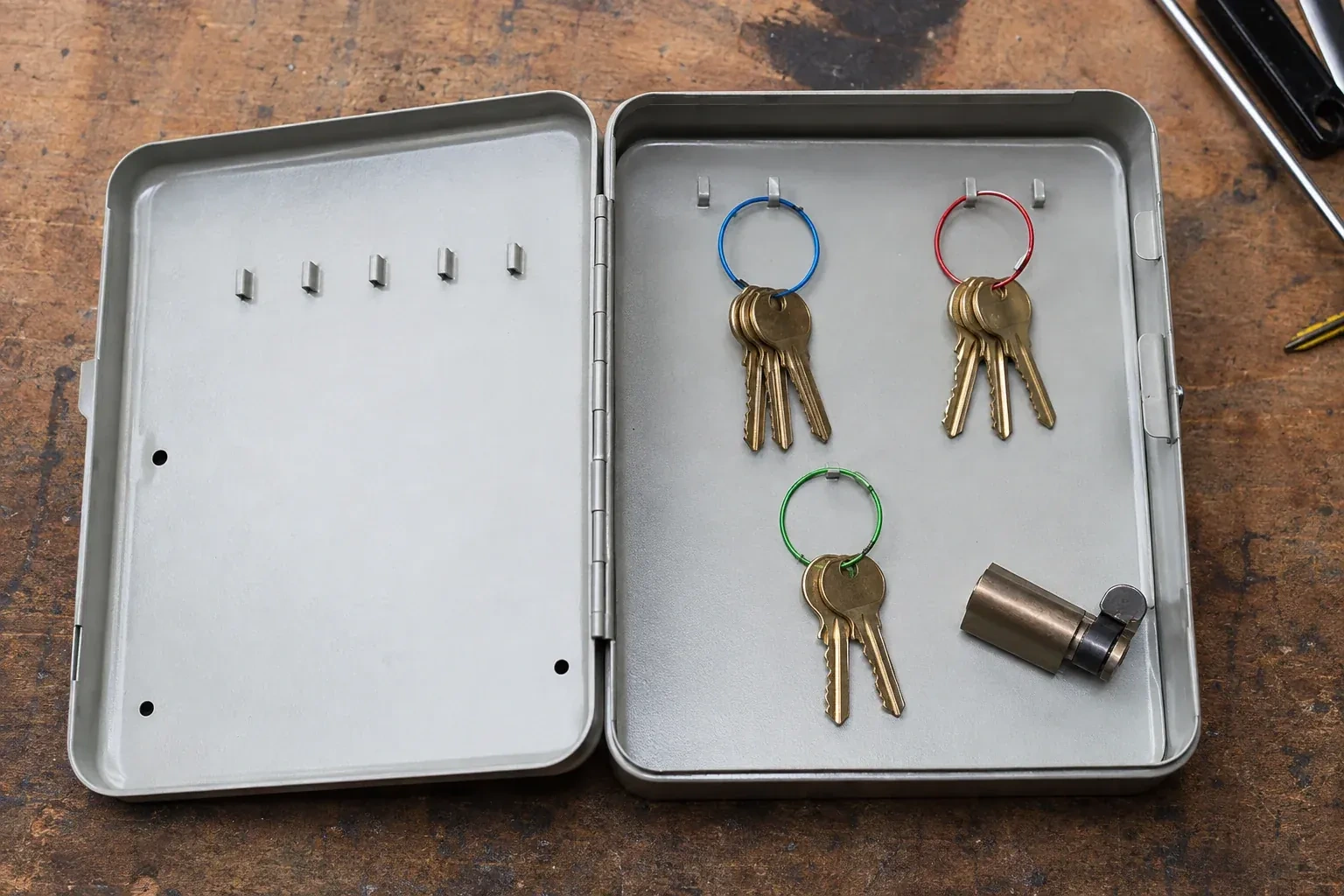 Three groups of keys on colored rings in an open metal key cabinet. — Master Key System Design, Waterloo