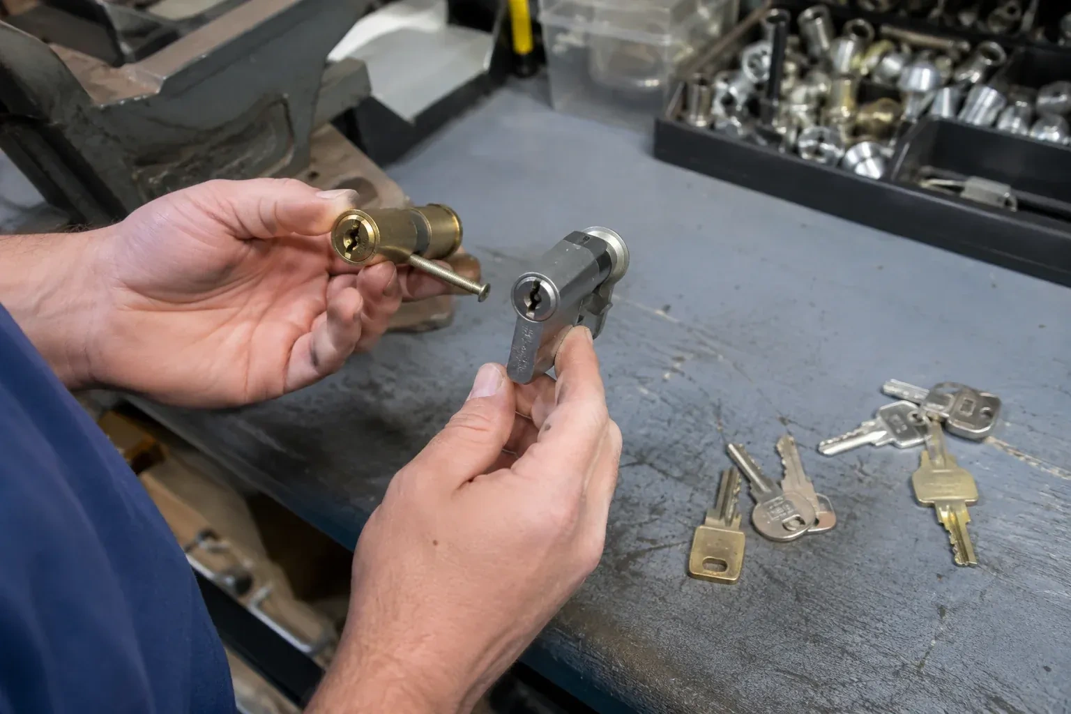 Hands comparing detached lock cylinders beside loose keys on a workbench. — Broken Key Extraction, Waterloo