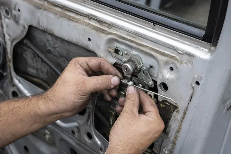 Hands holding a small linkage beside an exposed car-door lock mechanism with the interior trim removed. — Vehicle Lock Repair, Waterloo
