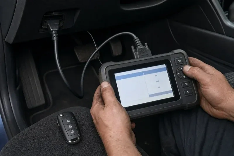 Hands holding a diagnostic tablet connected beneath a car dashboard, with a key fob resting on the person’s leg. — Key Fob Programming, Waterloo