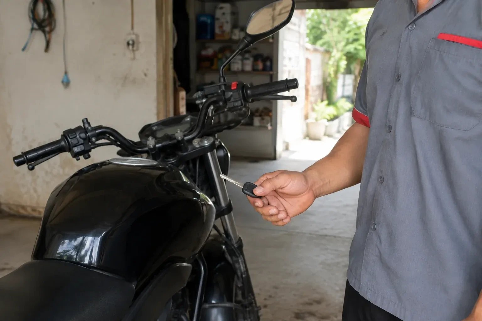 Technician holding a black-headed key beside a parked motorcycle. — Motorcycle & Scooter Keys, Waterloo