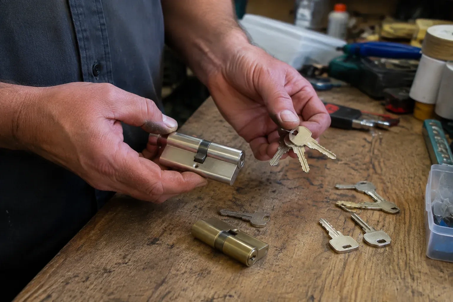 Hands holding a lock cylinder and a ring of keys above a worn workbench with another cylinder and loose keys. — Lock Rekeying, Waterloo