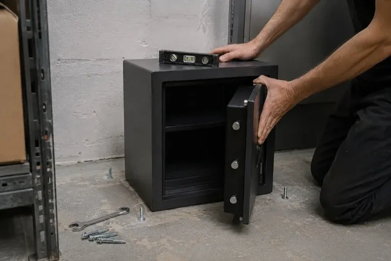Person kneeling beside an open black safe with a spirit level on top and loose bolts and a wrench on the concrete floor. — Safe Installation & Servicing, Waterloo