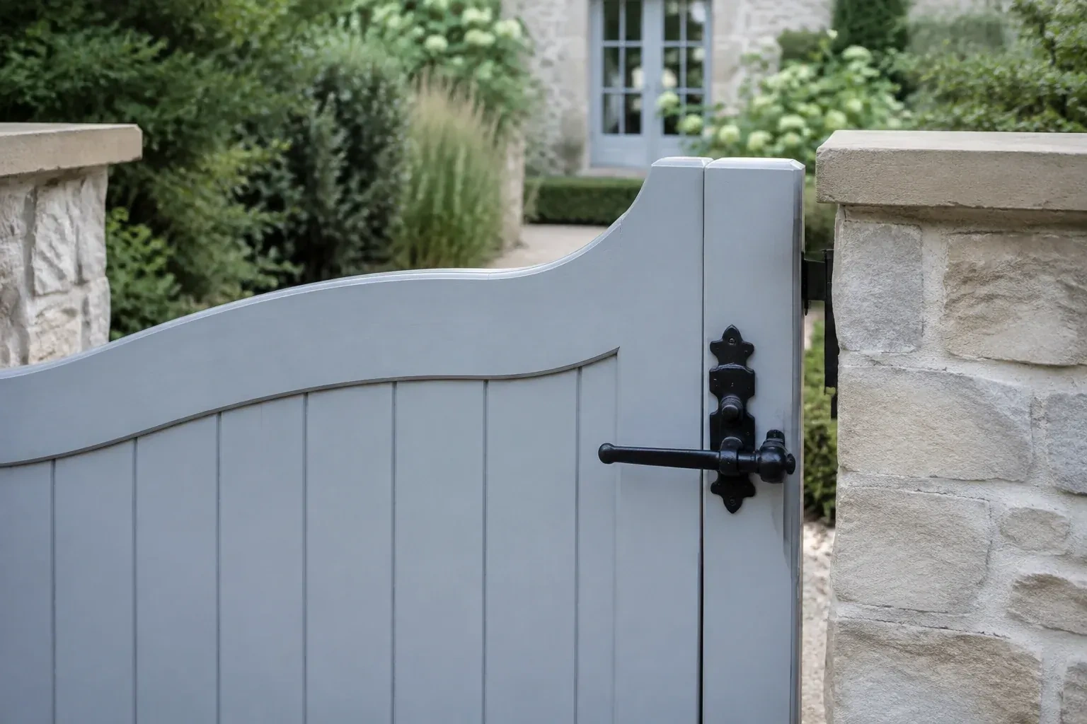 Pale blue garden gate with a black lever latch between light stone pillars. — Gate & Building Entry Locks, Waterloo