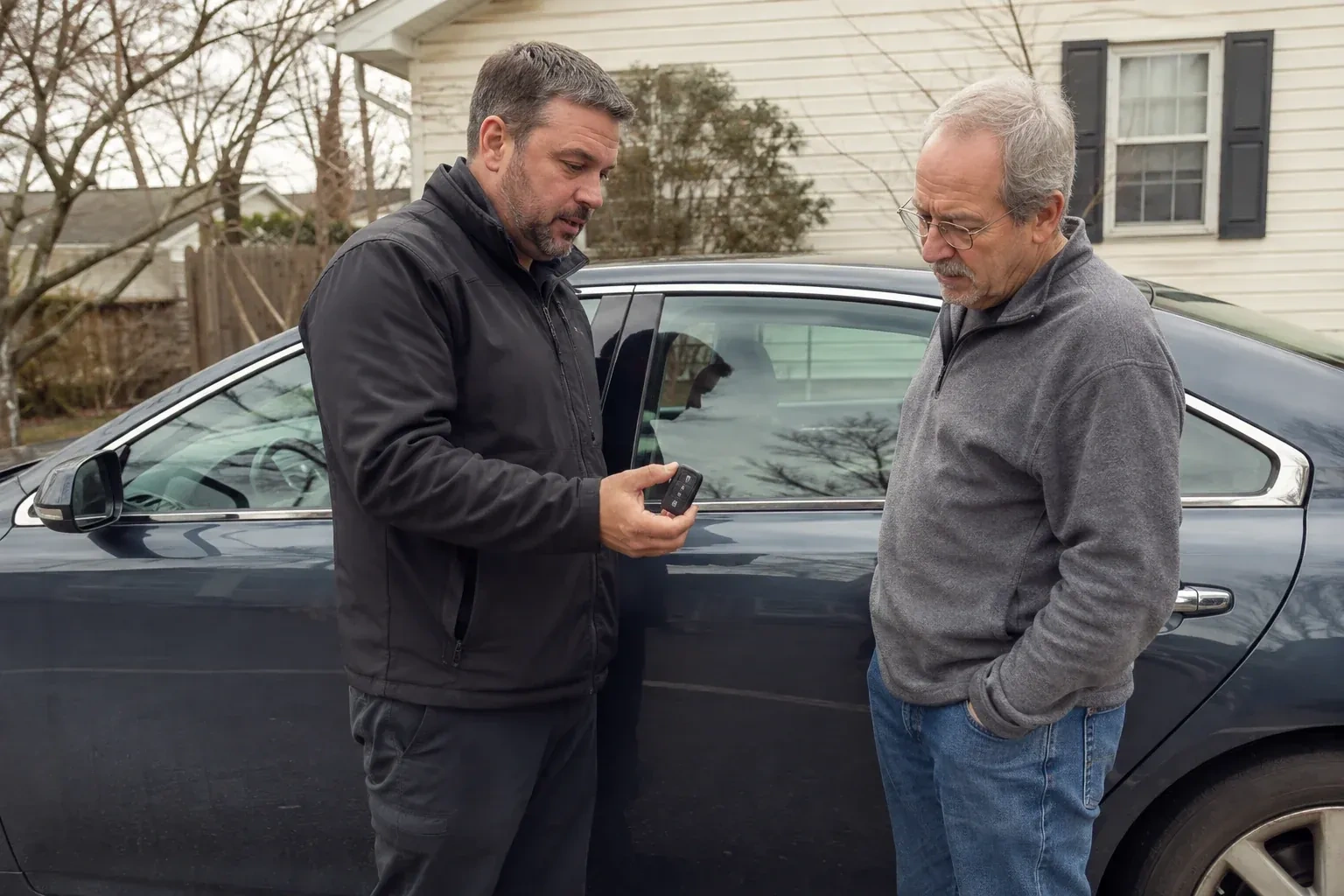 Two people beside a dark sedan, one holding up a black key fob. — Car Lockout Service, Waterloo