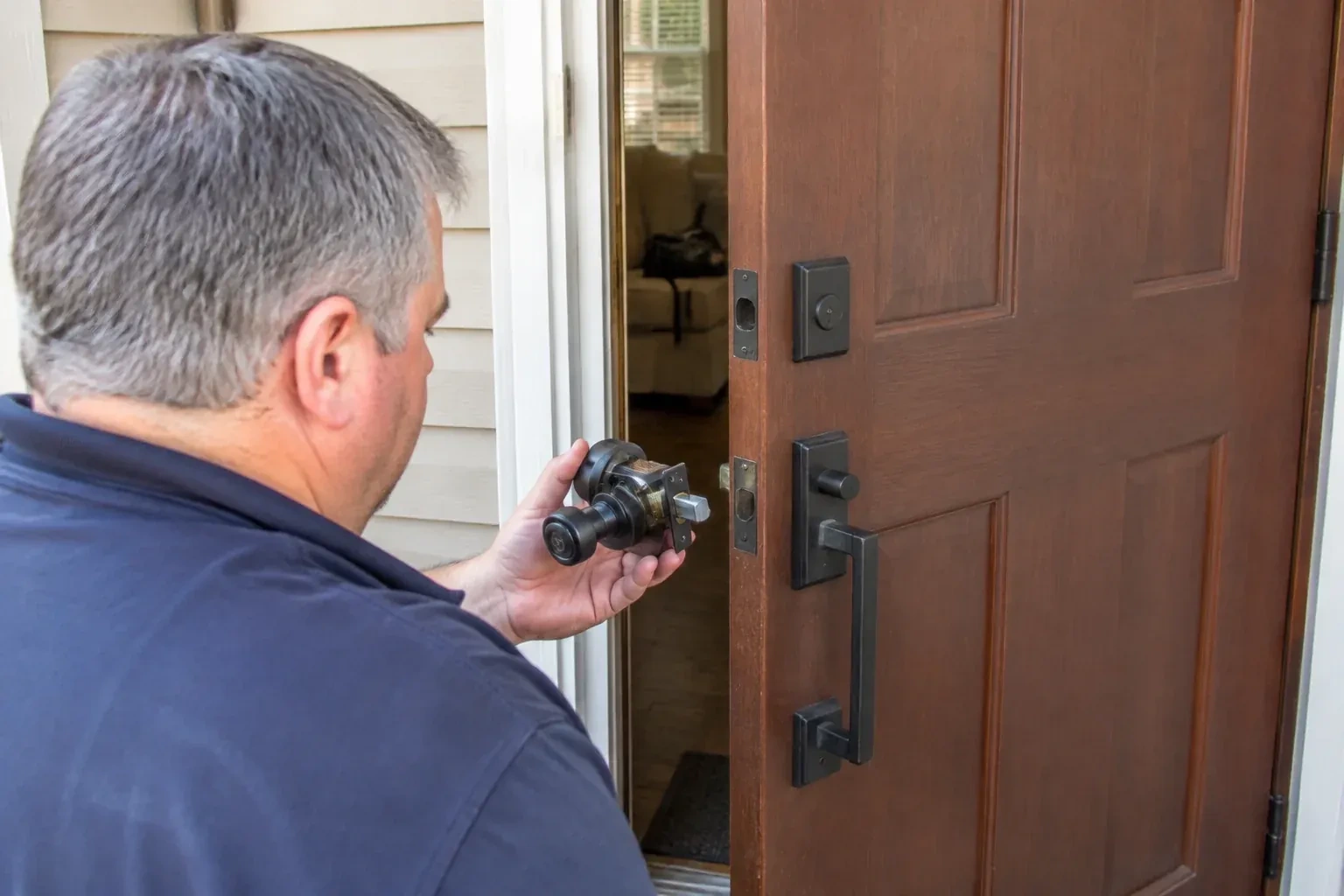 Person holding a removed black lock assembly beside a partly open brown front door with a long black pull handle. — Home Lockout Service, Waterloo