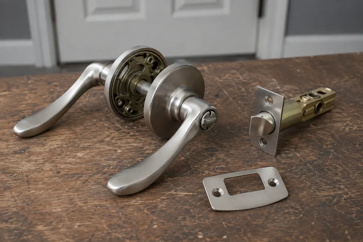Detached satin-nickel lever hardware, tubular latch and strike plate on a wooden workbench. — Lock Replacement & Upgrade, Waterloo