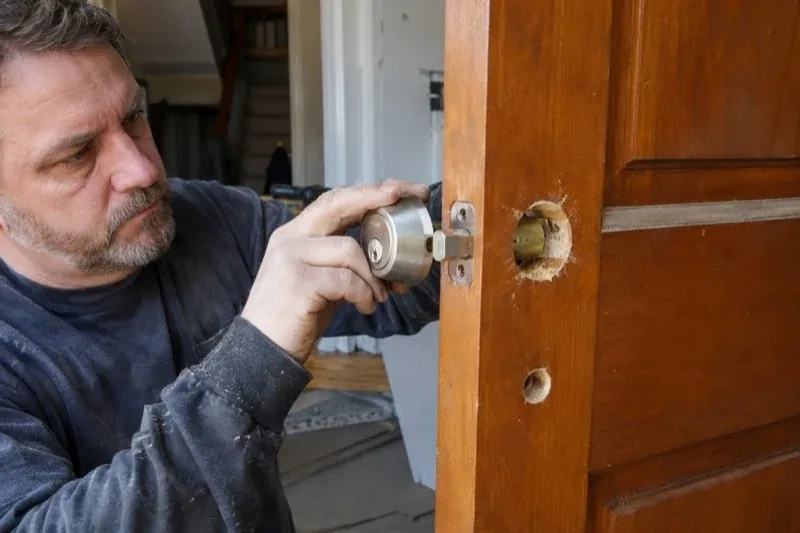 Person holding a silver-colored lock beside an open wooden door with exposed circular holes and a latch at its edge. — Deadbolt Installation, Waterloo