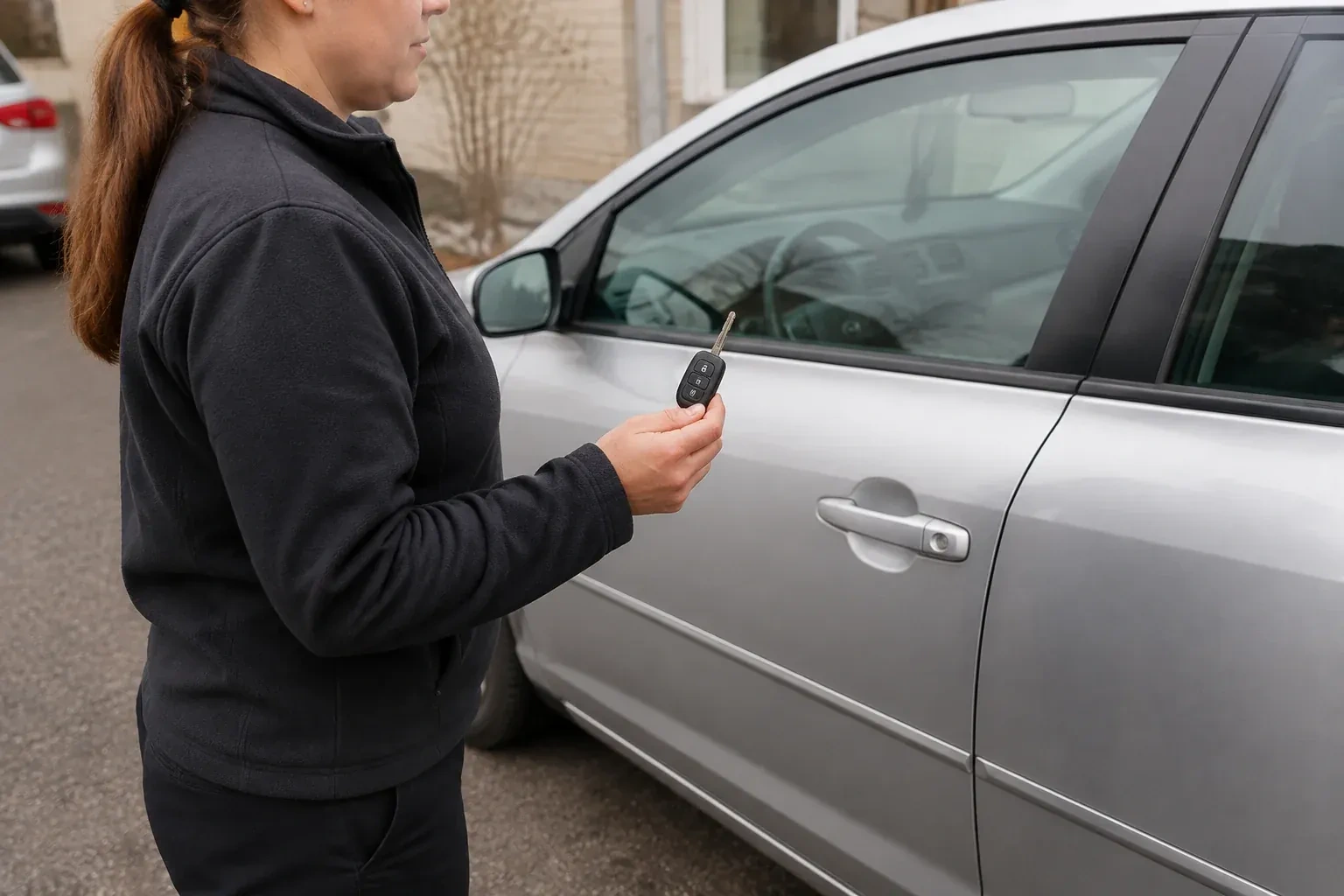 Technician holding a remote key with an extended blade beside a silver car. — Car Key Replacement, Waterloo